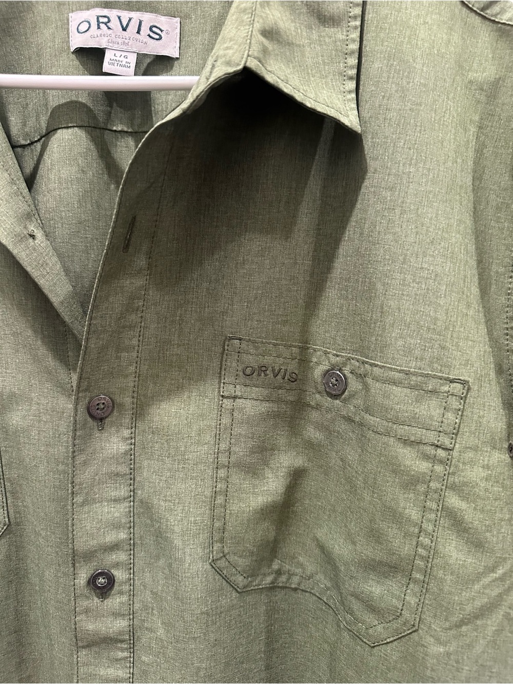 Orvis Classic Collection Mens Large Olive Green Short Sleeve Button Down Shirt - Picture 2 of 5